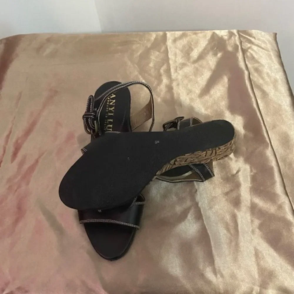 Anyi Lu Black Festive Leather Wedge Sandals, size 36 1/2-6 1/2